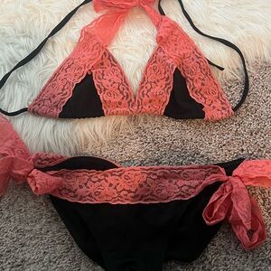 Coral Lace Bikini with Black Accents